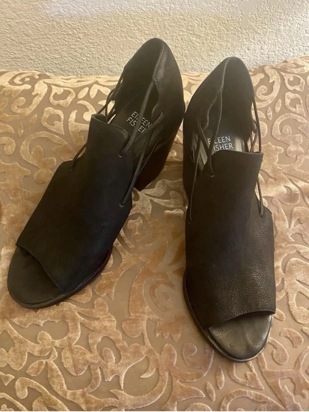 Eileen Fisher Black Peep-Toe Cutout Block Heel Sandals
